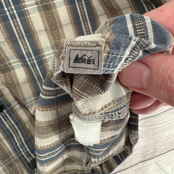 REI Button Down Vented Organic Cotton Shirt Mens Large Blue Beige Striped - Picture 5 of 8